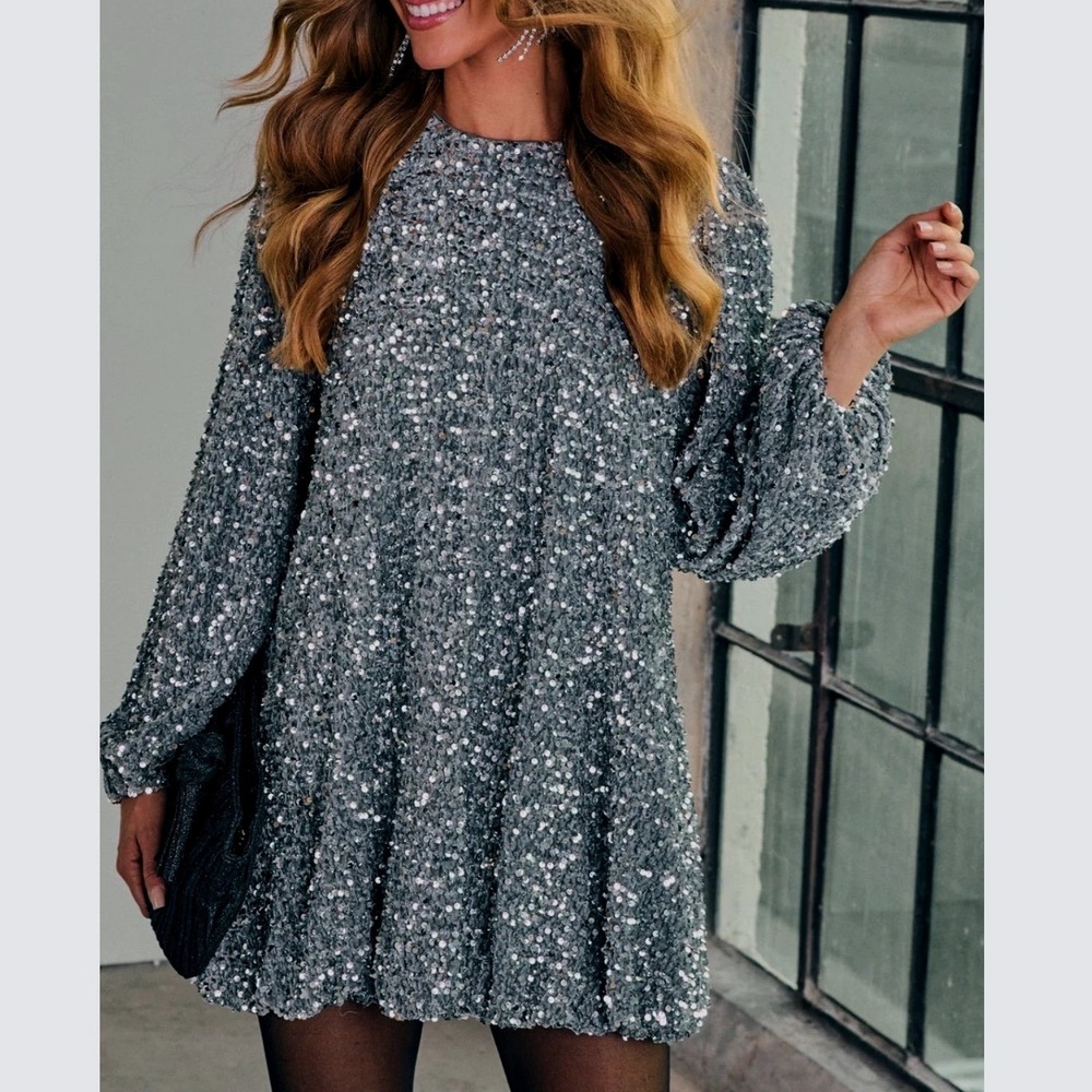 VICI Gunmetal Silver Sequin Long Balloon Sleeve Mini Shift Dress Womens S